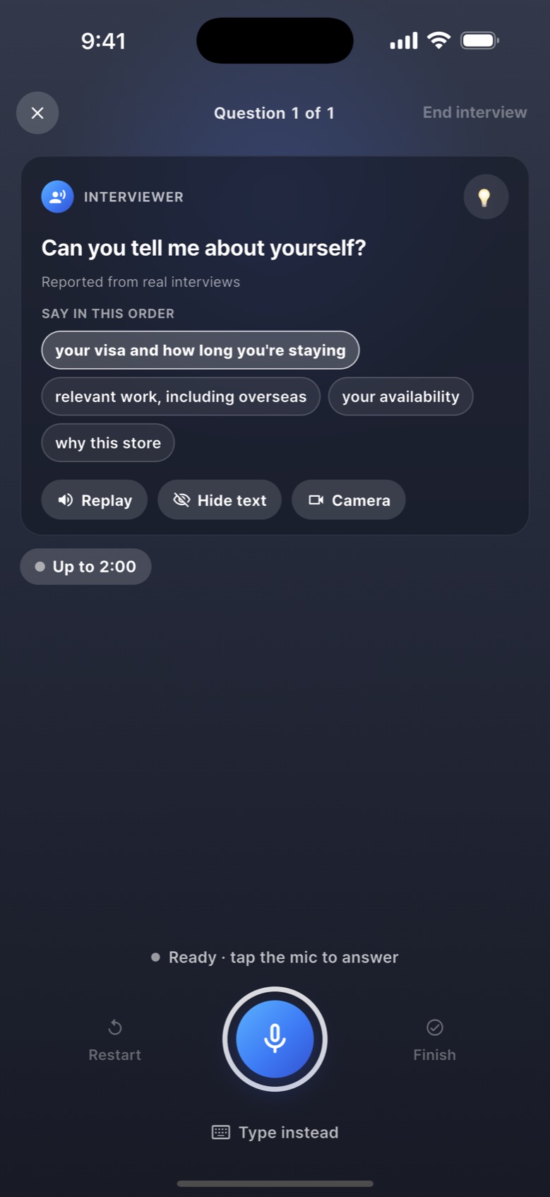 AI Interview question screen asking “Can you tell me about yourself?” with suggested points to cover in the answer