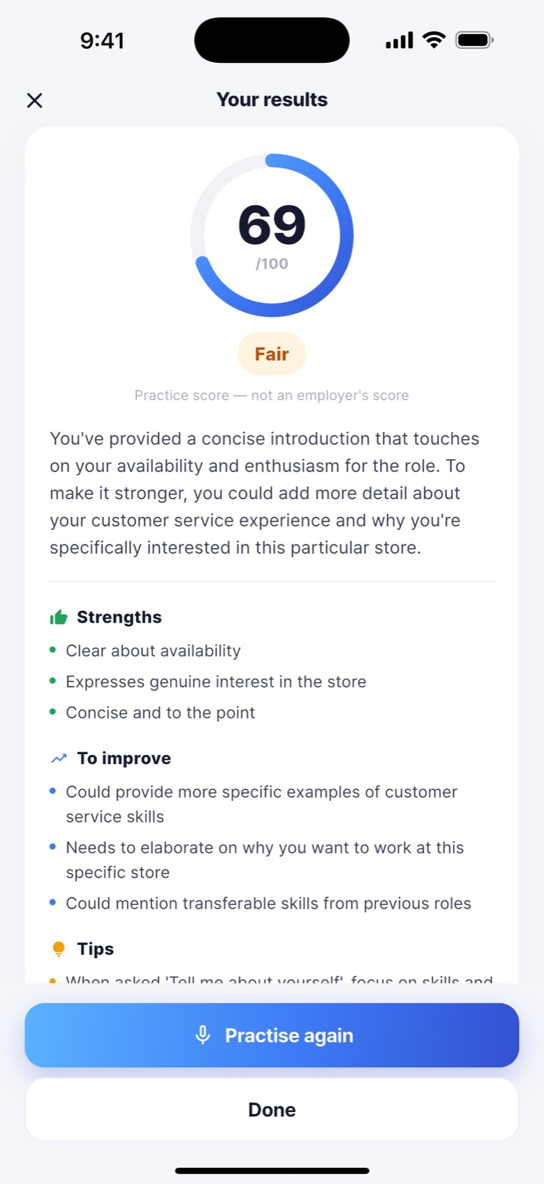 AI Interview results screen showing a practice score of 69 out of 100 rated Fair, with Strengths, To improve and Tips sections